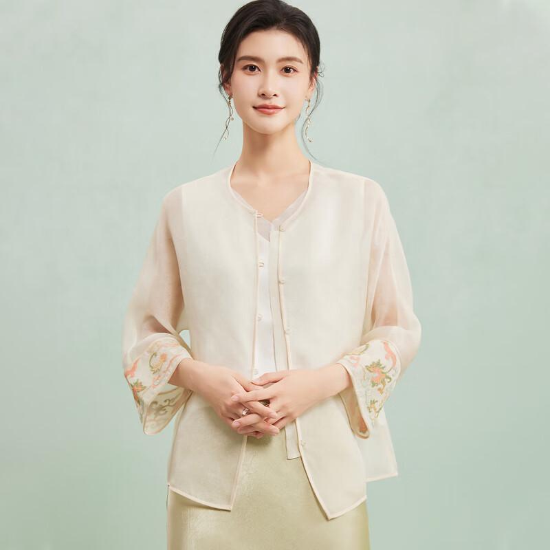 

New Chinese Style Mulberry Silk Organza Embroidered Blouse XL