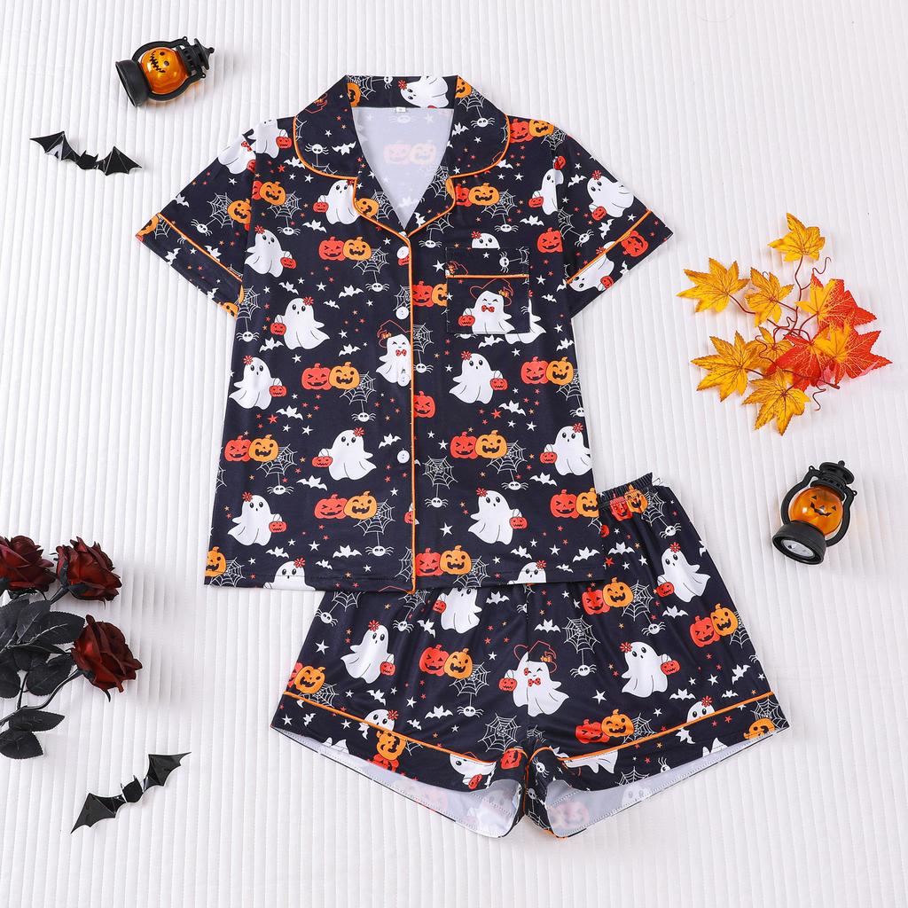 Ladies Pajamas Halloween Printed Lapel Short Sleeve Shorts Loungewear Set