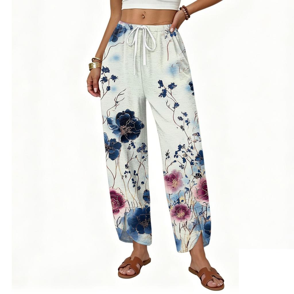 Women’s Casual Loose Straight Leg Wide Leg Pants Drawstring Waistband Printed Trousers Lightweight Relaxed Fit for Daily Wear