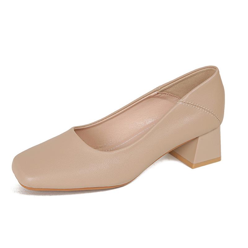 2023 Retro Soft Leather Square Toe Medium High Heel Women's Shoes