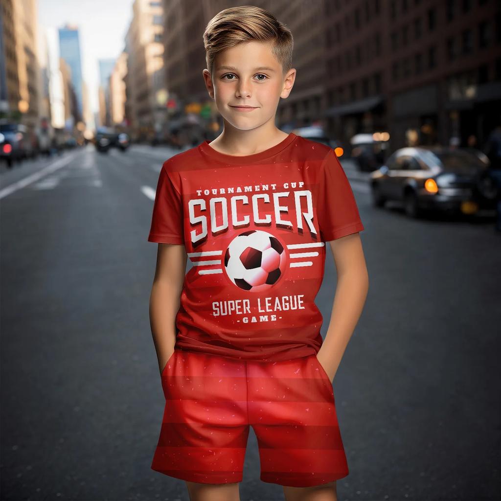 New 3D Football Printed Children's Sleeved Shorts Set Children's 2-piece Set Outdoor Casual Set