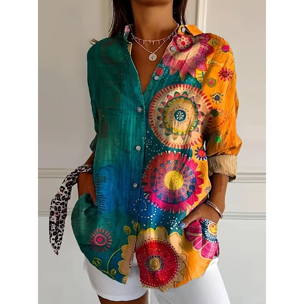 New Summer Fashion Women's Lapel Shirt Big Size Button Long Sleeve Daily Weekend V Neck Tops Floral Printed Loose Casual Shirt