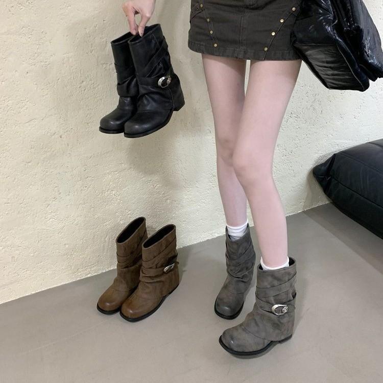 Fashion Belt Buckle Thick Heel Fashion Stacking Boots Women's New Short Knight Boots Locomotive Boots Pants Pants Women's Boots
