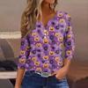 Damesmode Casual Halloween Print V-hals Korte Mouw Decoratieve Knop Driekwart Mouw T-shirt Top