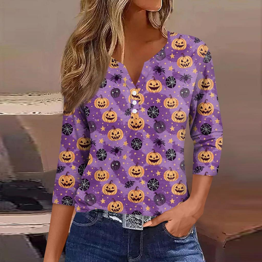 Damesmode Casual Halloween Print V-hals Korte Mouw Decoratieve Knop Driekwart Mouw T-shirt Top