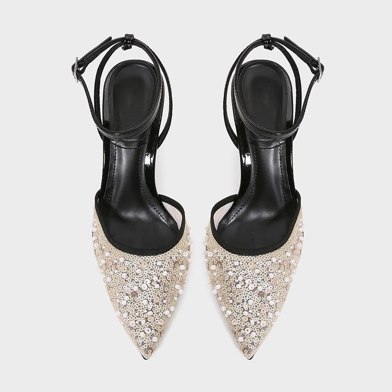 Shiny Mesh Slingback High Heels Women Party Wedding Shoes Sequins Pearl Pointed Toe Stiletto Elegant Female Dress Pumps