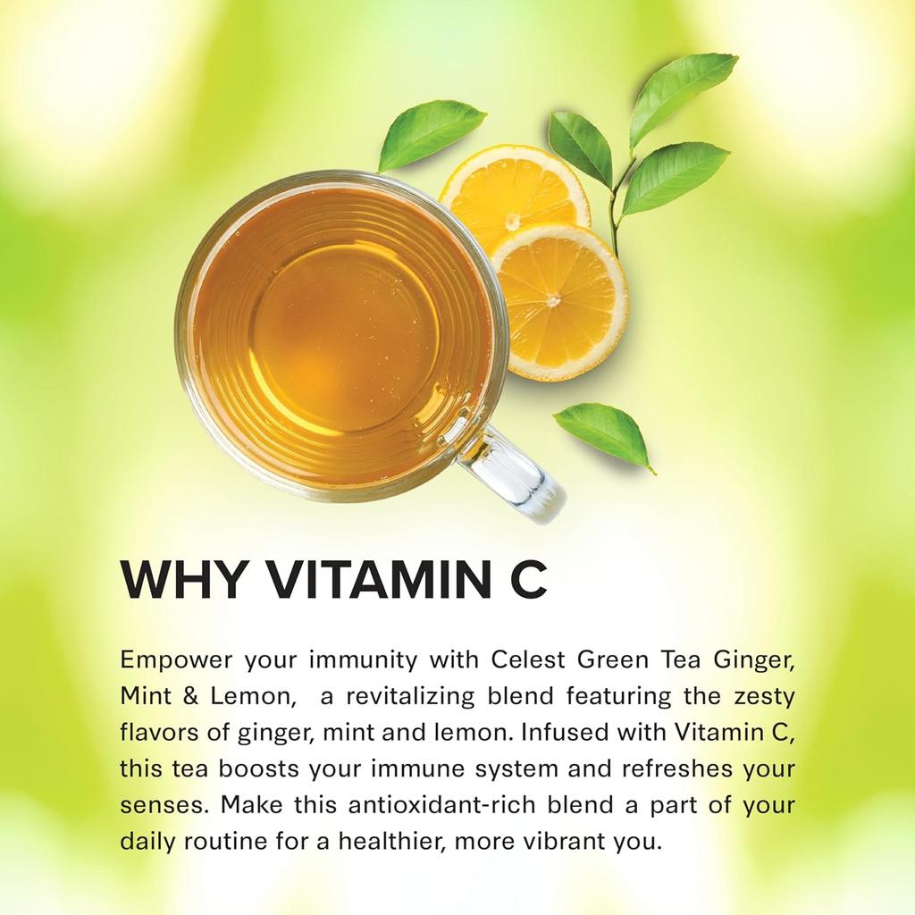 Celest Grüner Tee Minze Zitrone Ingwer mit Vitamin C 100 Teebeutel X 3er Packung Erfrischendes Gesundes Getränk