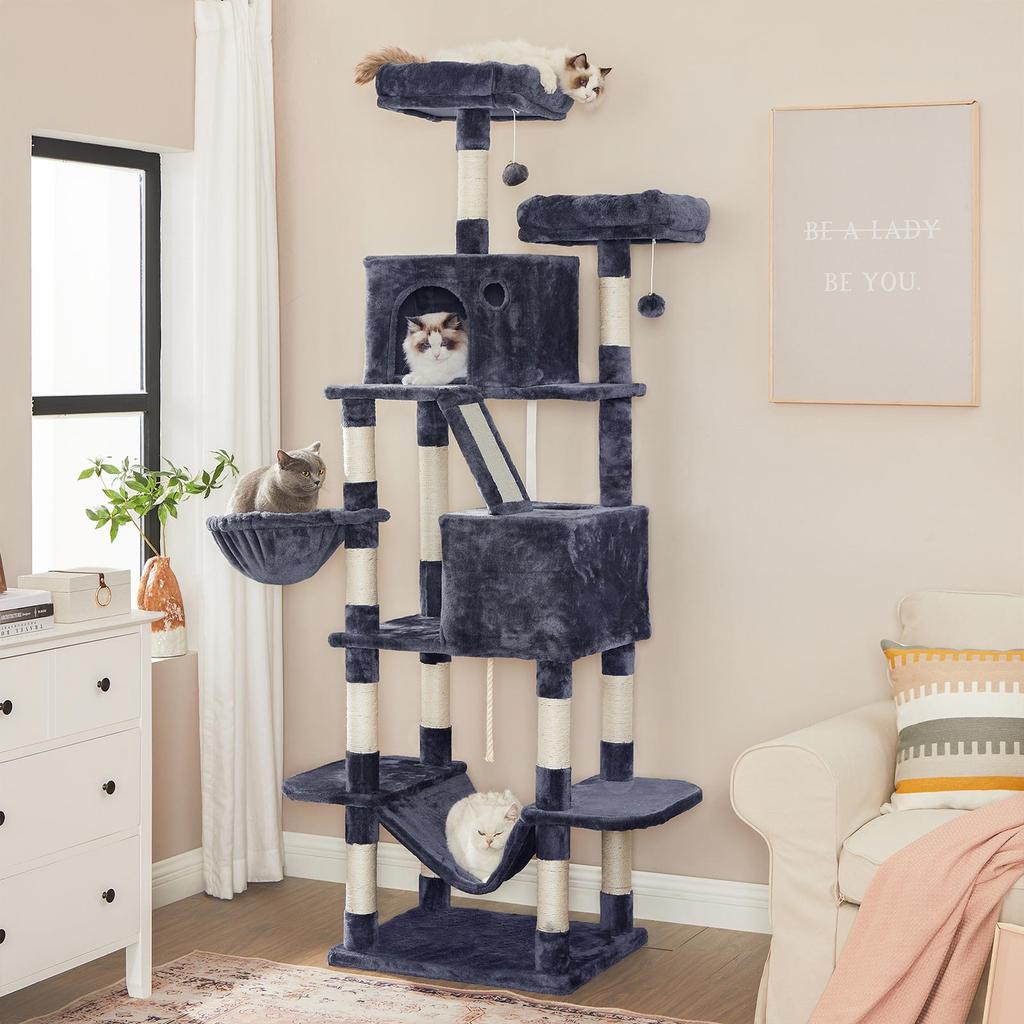FEANDREA Kattenboom, 206 cm Grote Katten Toren met 13 Krabpalen, 1 Krabhelling, 2 plateaus, 2 Manden, Hangmat, Pompons