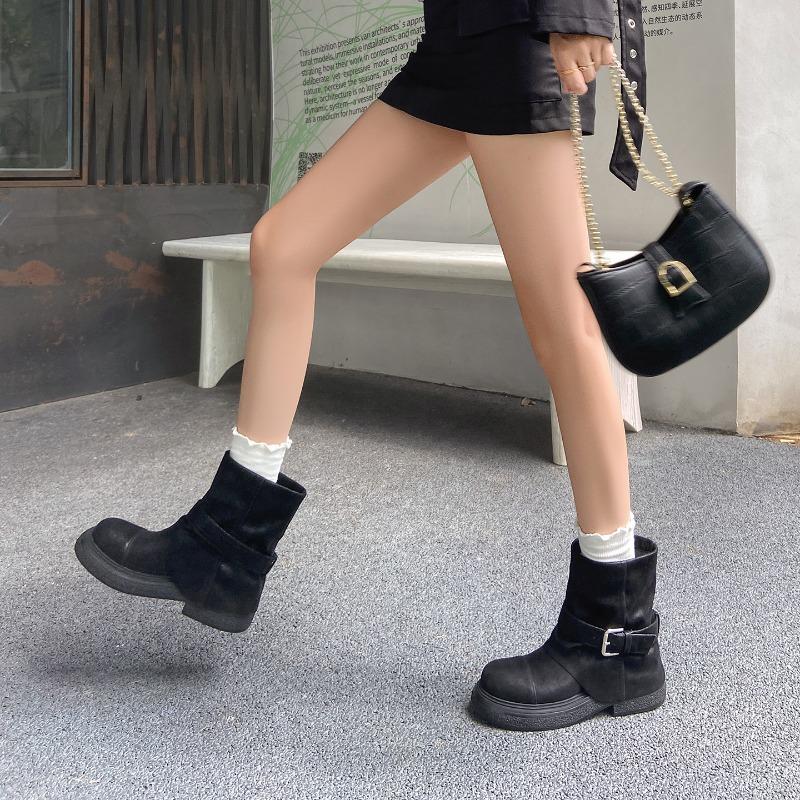 Spice girls short boots autumn new pleated stacked flat boots western cowboy boots women's martin boots