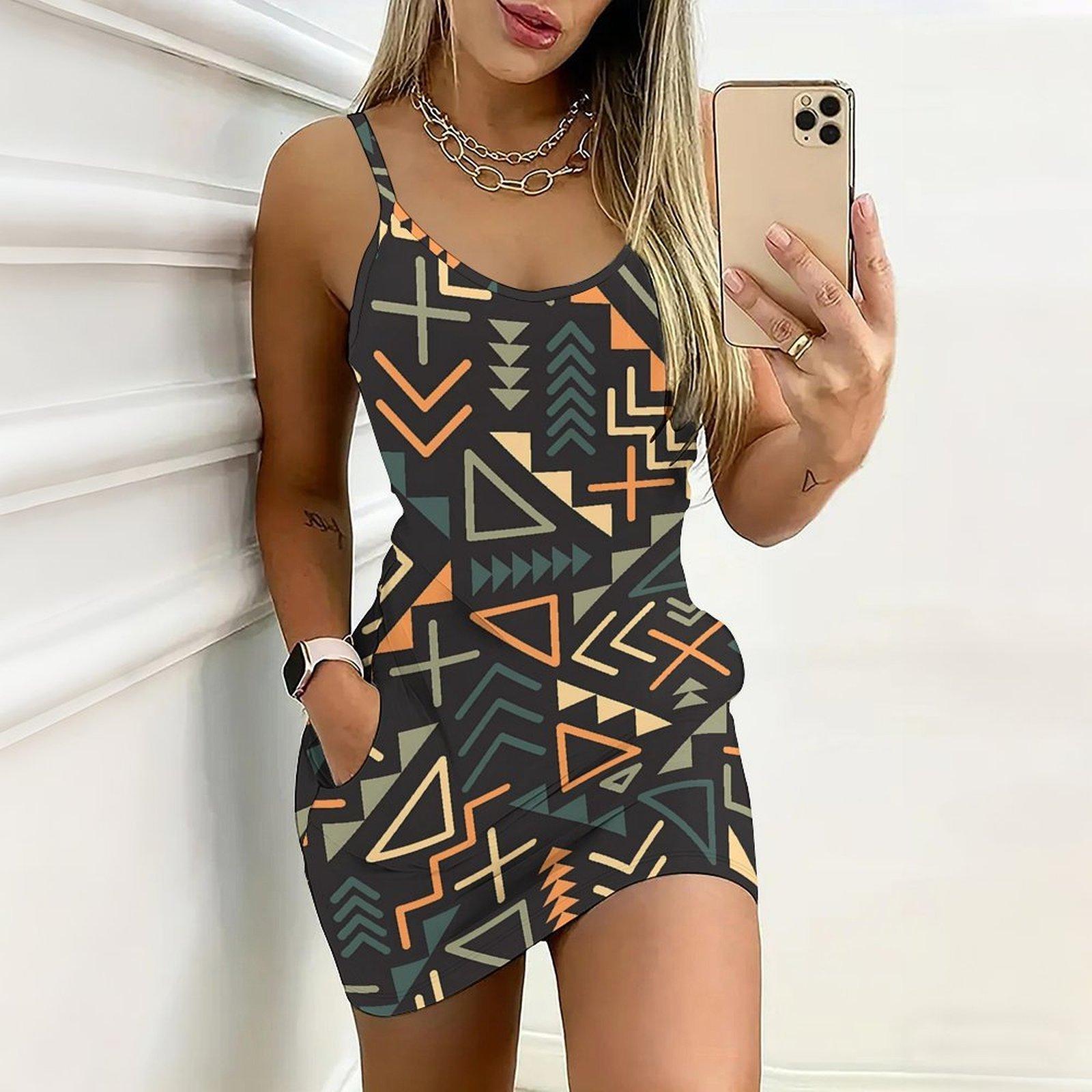 

Летнее Новое Ретро Геометрические Узоры Принт Без Рукавов Облегающее Платье с Карманами Сексуальное Облегающее Элегантное Вечернее Платье S оранжевый