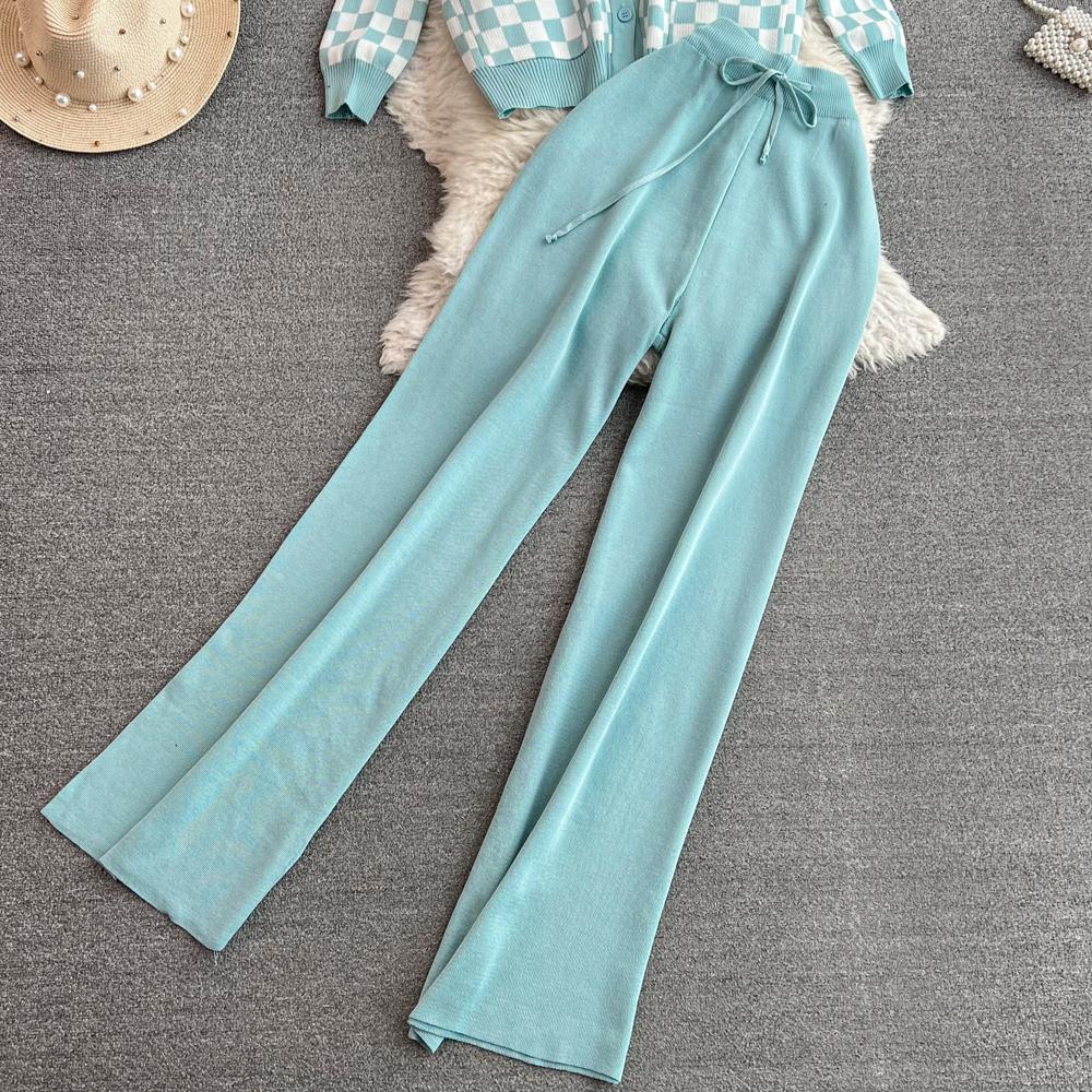 Herbst Vintage Marke Plaid Gestrickte Pullover Hose 2 Stück Set Frauen Trainingsanzug Einreiher Mantel + Knöchel Länge Hosen Outfits