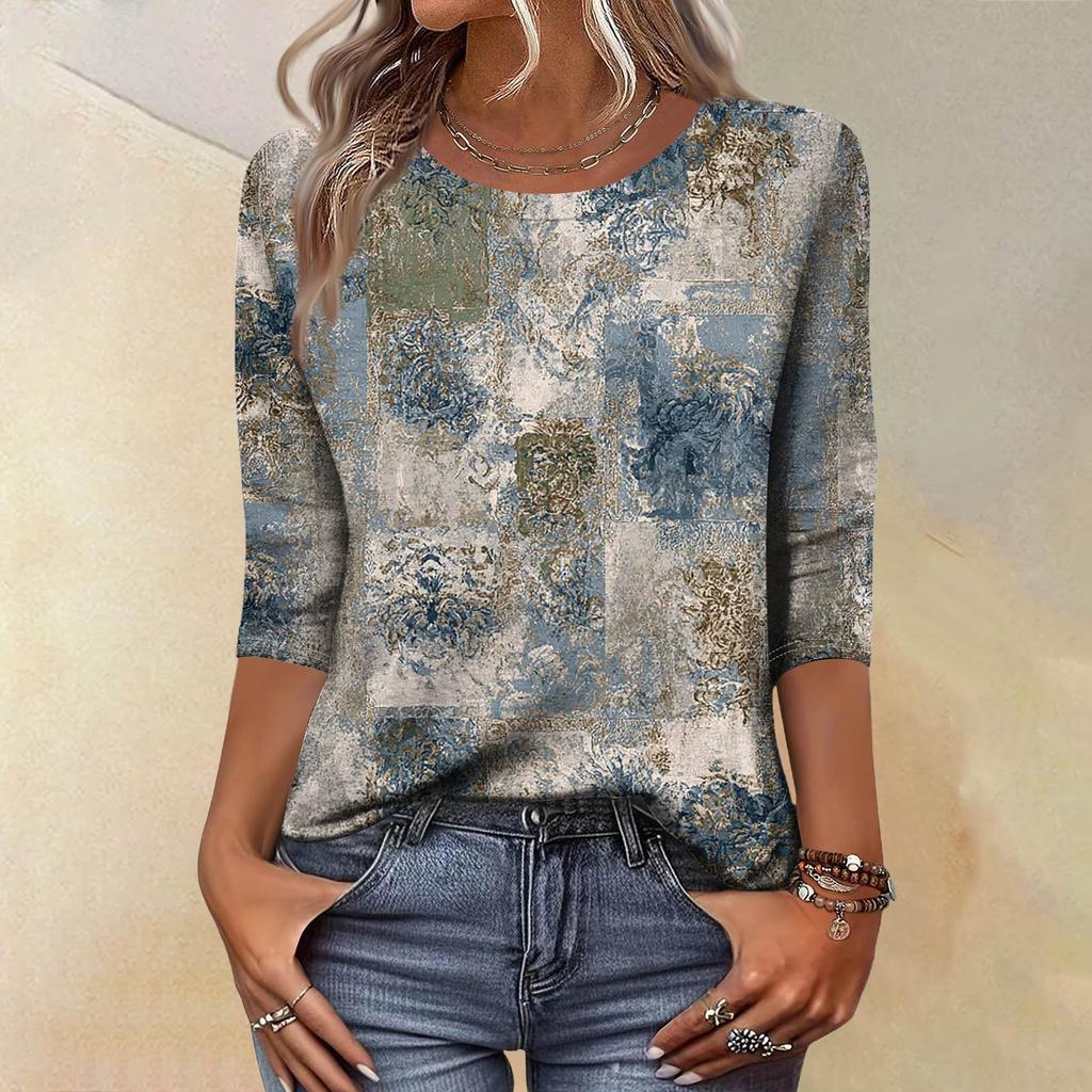 Trendy Vintage 3/4 Sleeve Top For Women,Ladies Casual Three Quarter Sleeve Round Collar Printed T-Shirt Blouse