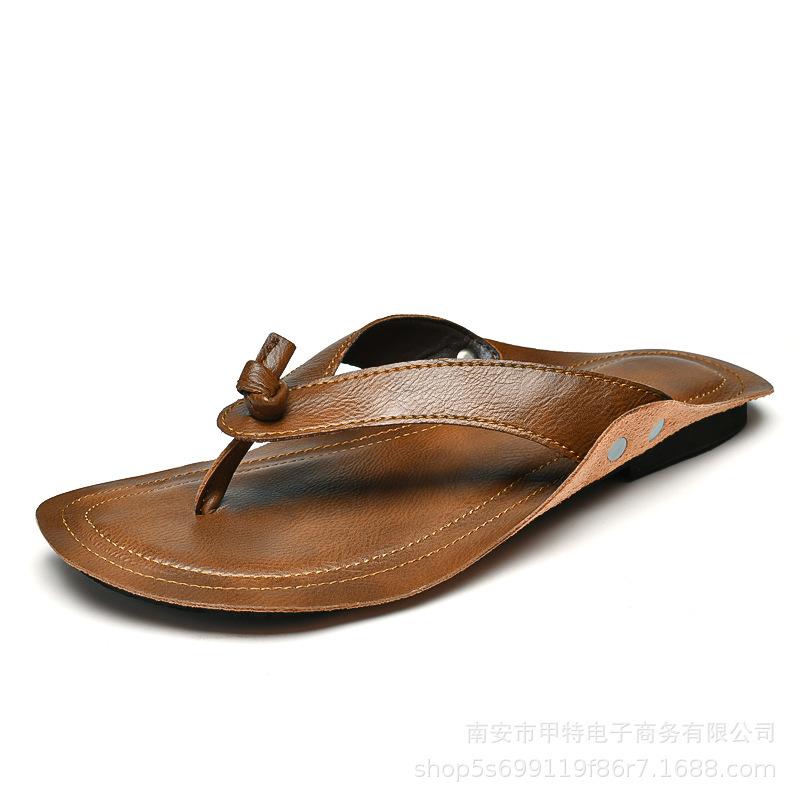 

Summer 2025 new large size two-layer cowhide flip-flops foreign trade beach sandals outdoor slippers men s shoes 47 коричневый