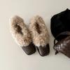 Cowhide square head fluffy shoes women's one-pedal retro loafers with fleece warm small leather shoes cotton shoes thick heels single shoes