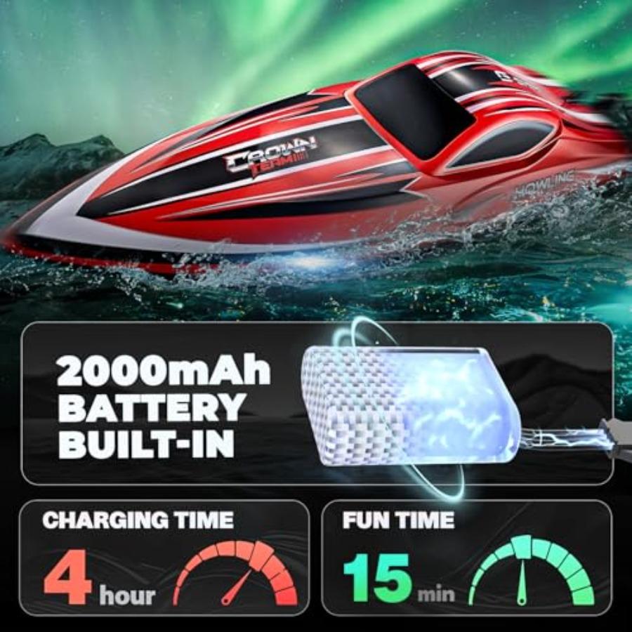 RC Boat for Lakes: 16-inch Brushless Waterproof Speed Boat, Red, 55 KPH Fast Performance with 2000mAh Battery, Ideal for Adults