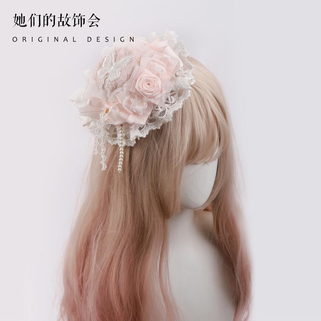 Milk Color Rose Bow Pair KC Lace Headband Handmade Small Things Sweet Lolita Accessories