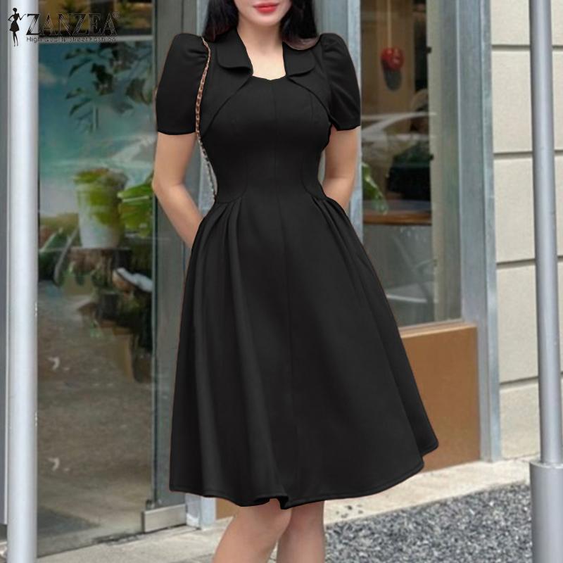 ZANZEA Damen Casual Sommerkleid mit quadratischem Ausschnitt, kurzen Ärmeln und A-Linien-Schnitt