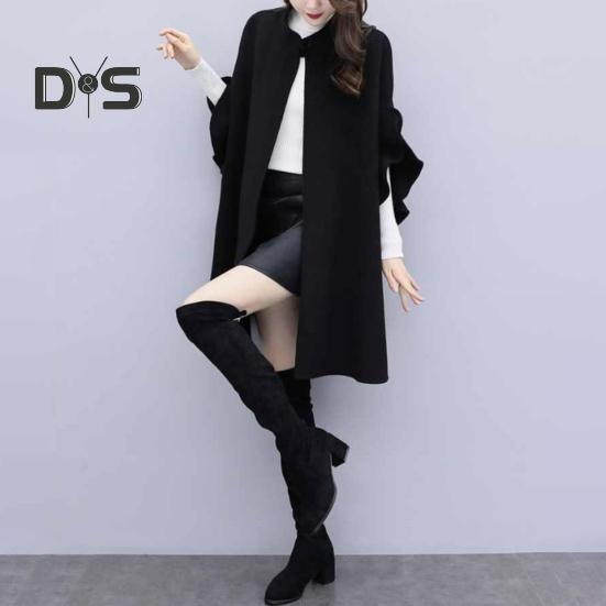 Abrigo de invierno para mujer, con mangas tipo pétalo, cuello alto, corte en A, capa de punto abierto, cárdigan de largo medio, abrigo de lana para exteriores, poncho