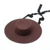 2025 New Utumn and Winter Fashion Simple Woolen Woolen Top Hat Ladies Wool Felt Bandage Flat Hat Felt with Straps European