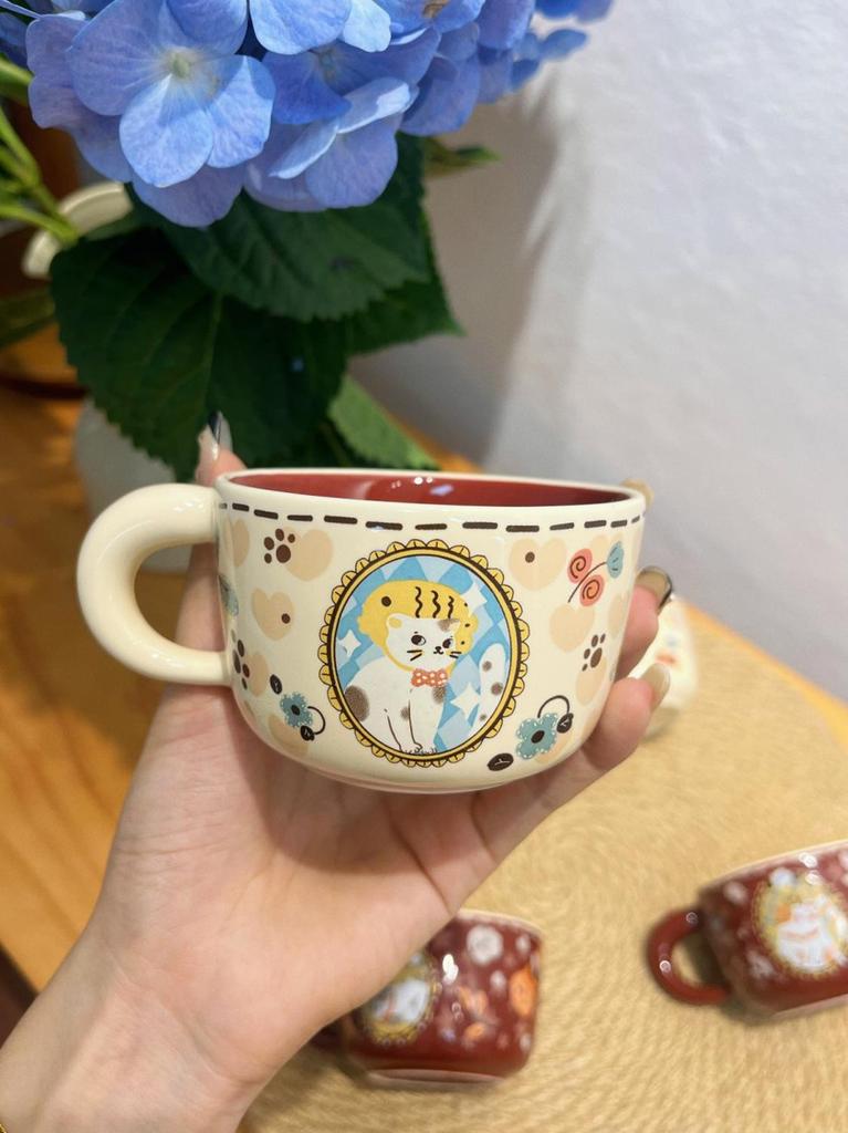 Retro cute lucky meow cup ceramic kitten coffee cup breakfast cup flower tea cup