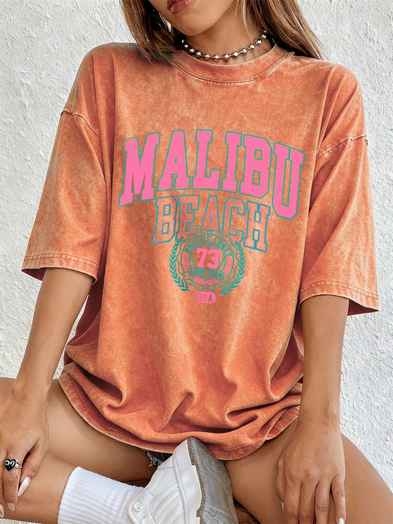 Malibu Beach Druck gewaschene T-Shirts Damen Baumwolle Kurzarm Tops Street Rundhals Oversized T-Shirts Hip Hop Trend Kleidung