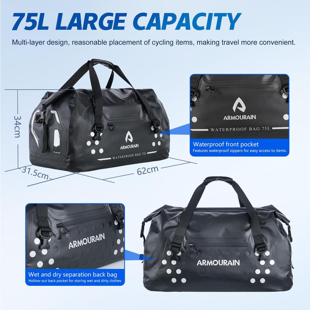 ARMOURAIN Motorcycle Dry 75L Large Waterproof Duffel Bag for and Kayaks Bag, Travel, Boats, Motorcycles, (Black)