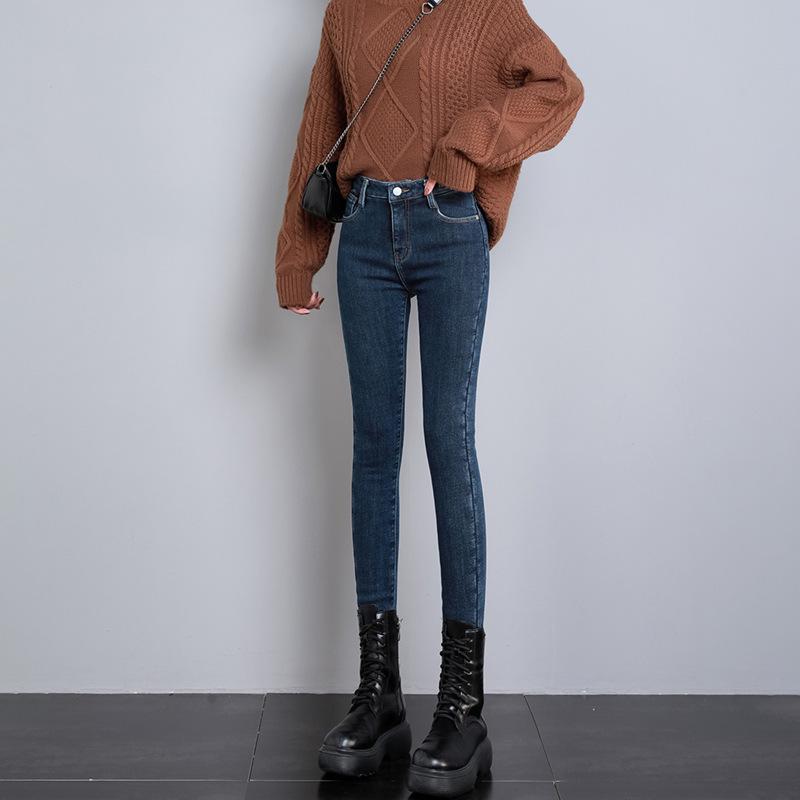 Hochgeschnittene, fleecegefütterte Slim-Fit-Jeans für Damen - Warmer Herbst/Winter 2023 Stil mit dickem Oberstoff und schmal zulaufenden Beinen