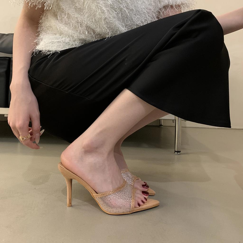 Sommermode Damen Spitzschuh Strass Mesh Wildleder Stiletto Hoher Absatz Pantoletten Damen Party Kleiderschuhe