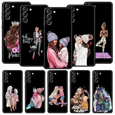 Black Brown Hair Baby Mom Girl Son Phone Case For Samsung Galaxy S24 S23 S22 S20 Ultra S21 FE 5G S10 S9 Plus S10E Silicone Cover