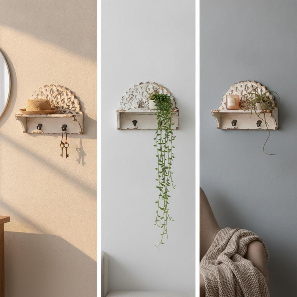 Wall Shelf with Hooks Entryway Coat Rack Distressed Wall-Mounted