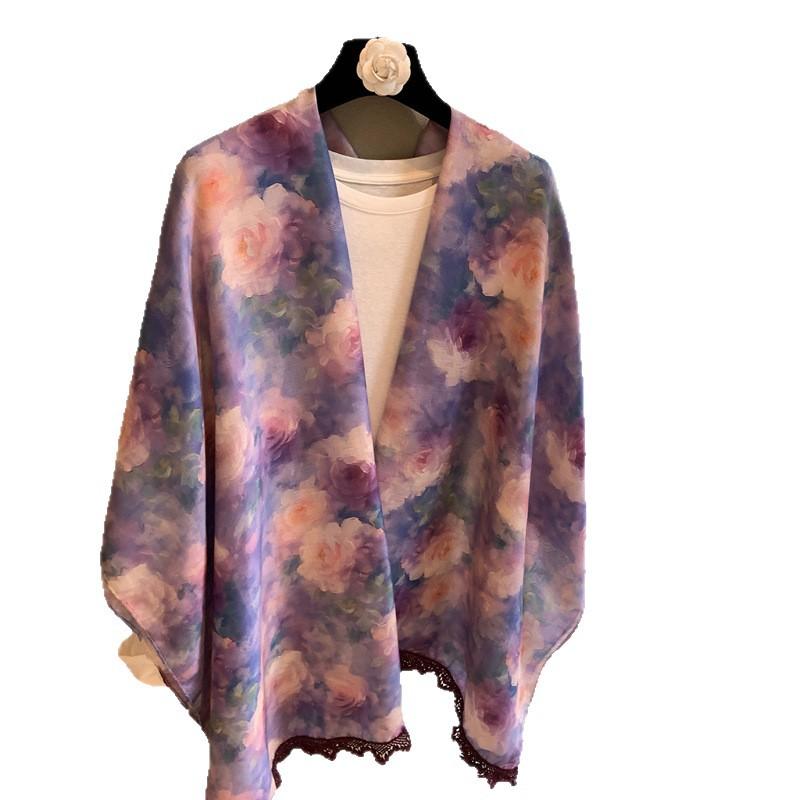 Summer Thin Silk Scarf Femininity Simple High-End Beach Scarf Outside Shawl Seaside Sun Protection Large Scarf Shawl