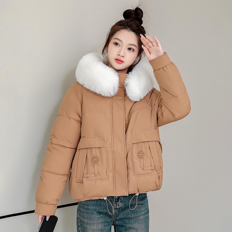 2025 new winter thickened bread jacket padded jacket with large fur collar hooded short cotton jacket slimming loose cotton coat