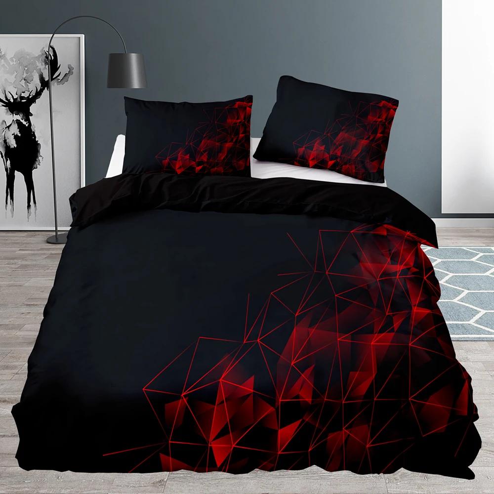 Svart påslakan Queen Size, Sovrum Abstrakt Blått Geometriskt Mönster Täcke 220x240 Med Örngott Sängkläder Set