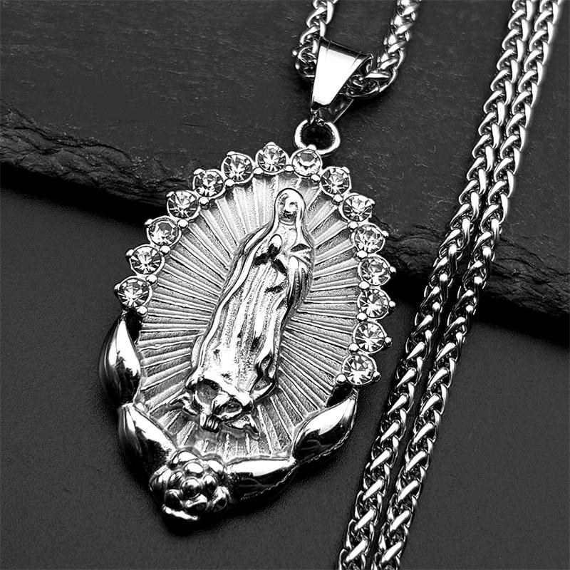 Catholic Virgin Mary Rhinestones Pendant Necklace for Women Men Stainless Steel Gold Color Our Lady of Guadalupe Chain Jewelry
