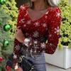 Women's Winter Slim-Fit Base Layer T-Shirt Fashionable Christmas Print V-Neck Pullover Long-Sleeved Top