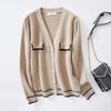 Spring and Autumn Solid Color V-Neck Long-Sleeved Jacket with Contrasting Design Women's Knitted Sweater