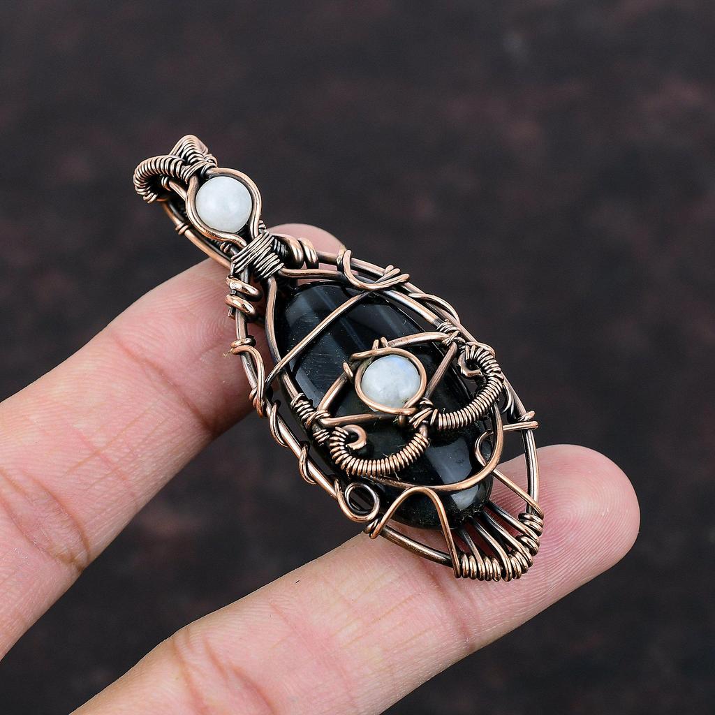 Pandantiv Ochiul Răului Nellite Pandantiv Înfășurat în Sârmă de Cupru Bijuterii Piatră Lunii Curcubeu Pandantiv Handmade cu Piatră Prețioasă Bijuterii Cupru Antic Cadou de Nuntă