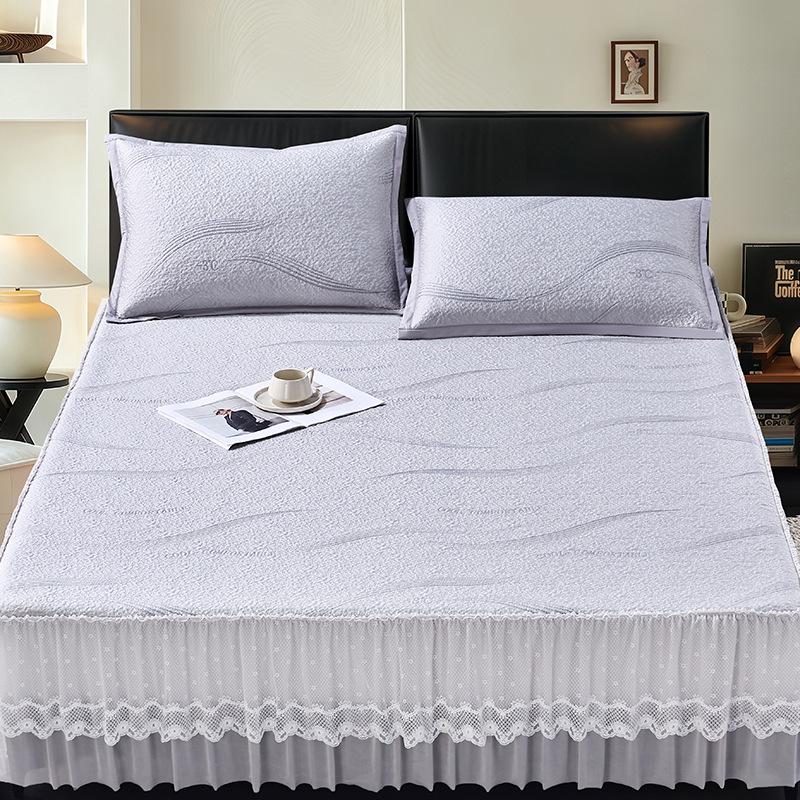 Machine-Washable Ice Silk Bed Skirt & Jacquard Cool Mat Set - Foldable, Soft Summer Air Conditioning Mat for Home Use