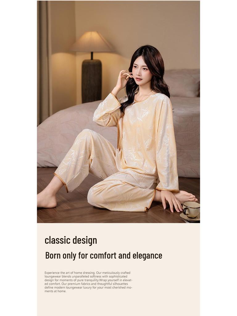 Da Vinci Code Bamboo-Inspired Gold Velvet Women’s Long-Sleeve Pants Set: Cozy Autumn/Winter Home Wear