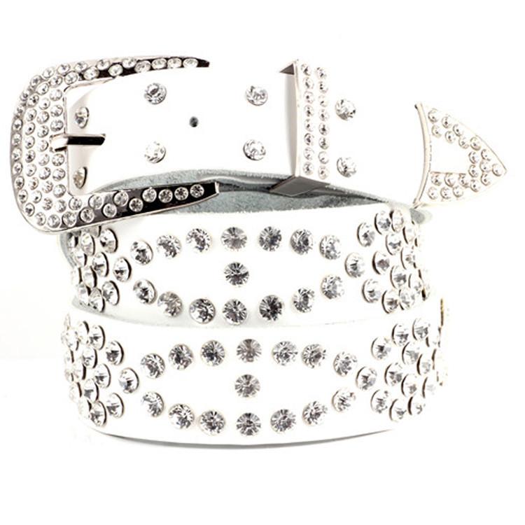 Wide Leather Belt With Metal Pin Closure Rhinestone Decor For Elegant Womens