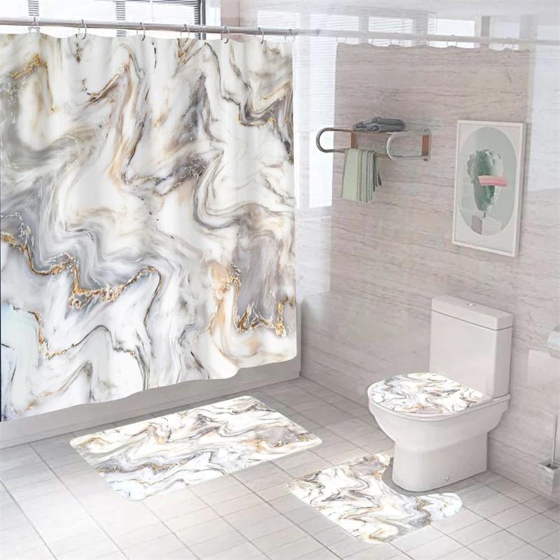 Luxury 3D Marble Shower Curtain Set Polyester Fabric Waterproof Batthroom Curtains Modern Style Printing Bath Toilet Cover Mat