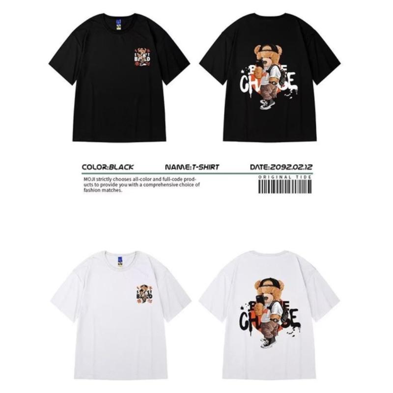 Men Casual T-shirt Teenager Student Tee American Vintage Cute Selfie Teddy Bear Print T-shirt Loose Large Size Large Top