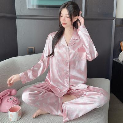 2025 printemps automne Pyjama Femme Ensemble Lounge Imprimé papillon rose Hauts et Pantalon Vêtements de nuit en satin Ample 2 Pièces Tenues Loungewear