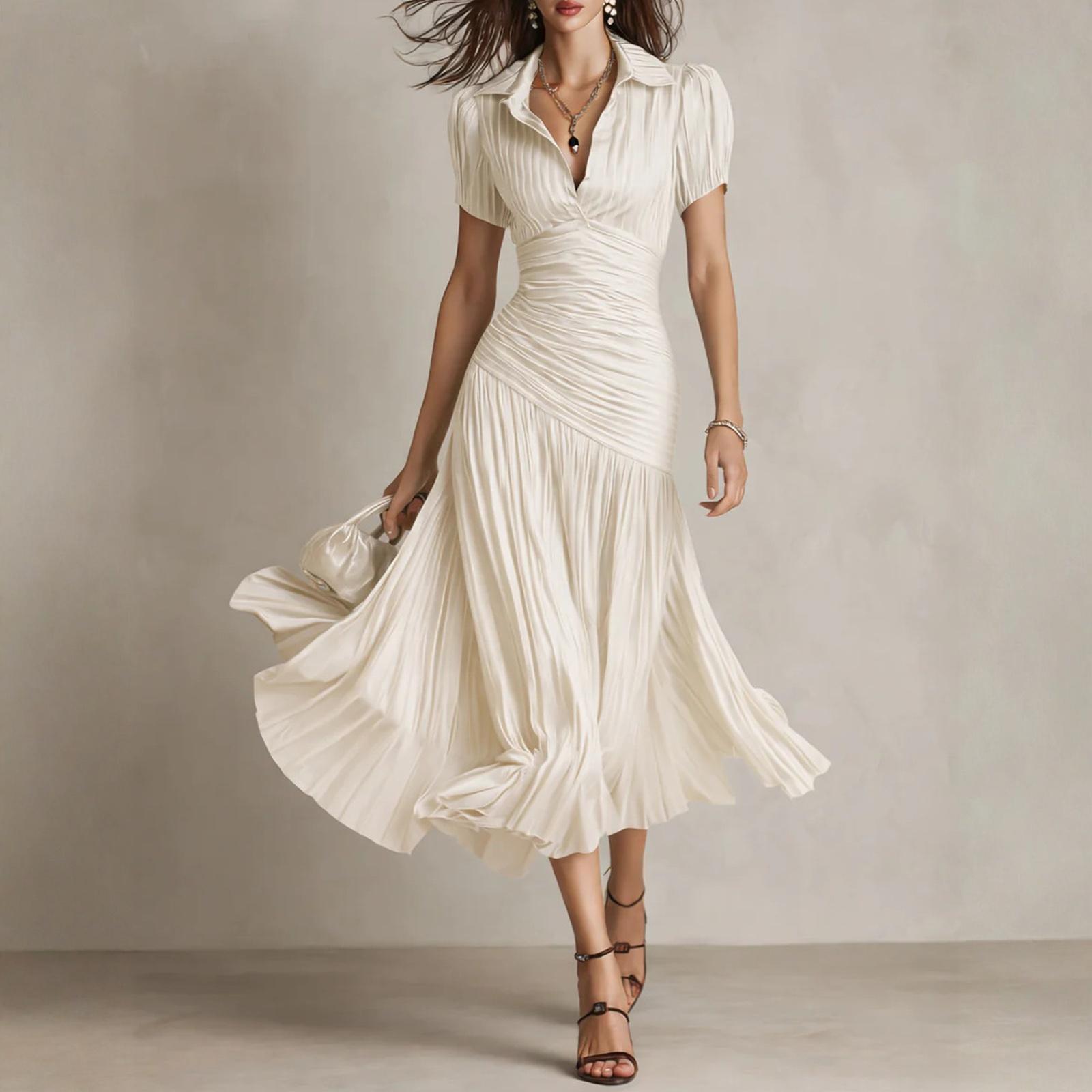 

Women High Waist Striped Shirt Dress Short Sleeve Collared Midi Dress with Ruched Waist and Flared Hem for Casual or Office Wear XL білий