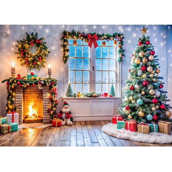 Beenle Christmas Photography Backdrop Xmas Tree Fireplace Gifts Family Party Decor Kids Portrait Background Decor Photo Studio