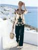 1116 European and American 1D printed women's suit resort style loose long-sleeved shirt casual trousers beach fashion trend