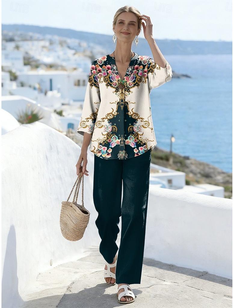 1116 European and American 1D printed women's suit resort style loose long-sleeved shirt casual trousers beach fashion trend