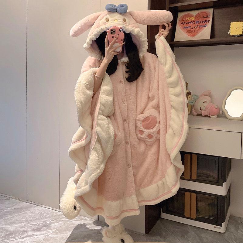 

Melody Plush Women s Hooded Cloak Robe - Autumn/Winter Thickened Coral Fleece with Velvet Cartoon Design Small