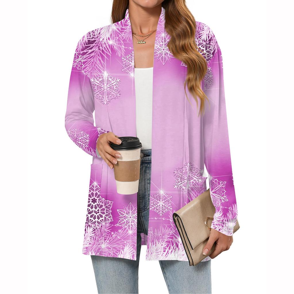 Damen Weihnachten Bedruckter Leichter Cardigan Langärmlig Lässig Locker Dünne Passform Mit Taschen Cardigan Jacke
