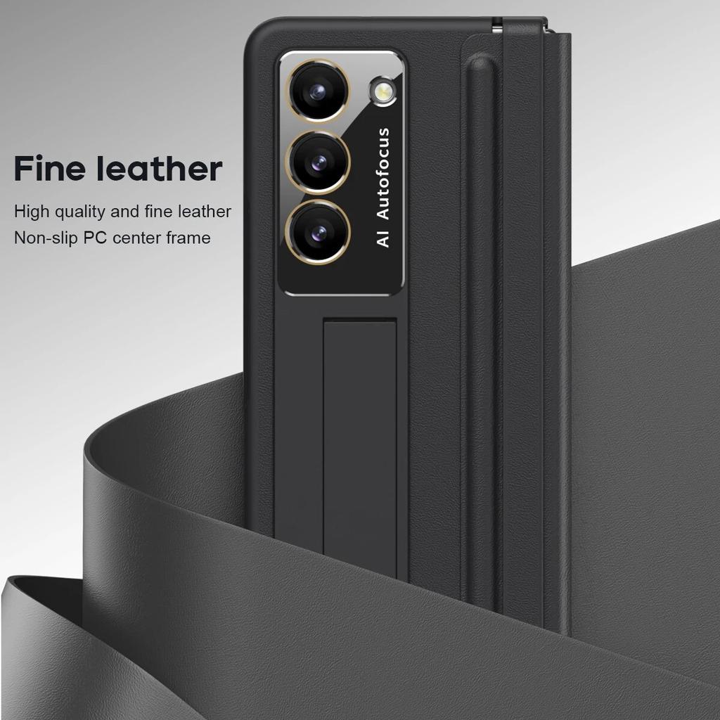 Luxury Leather with Holder Z Fold5 Hinge Protector Case for Samsung Galaxy Z Fold 5 4 5G Case with Glass Screen Protector Cover
